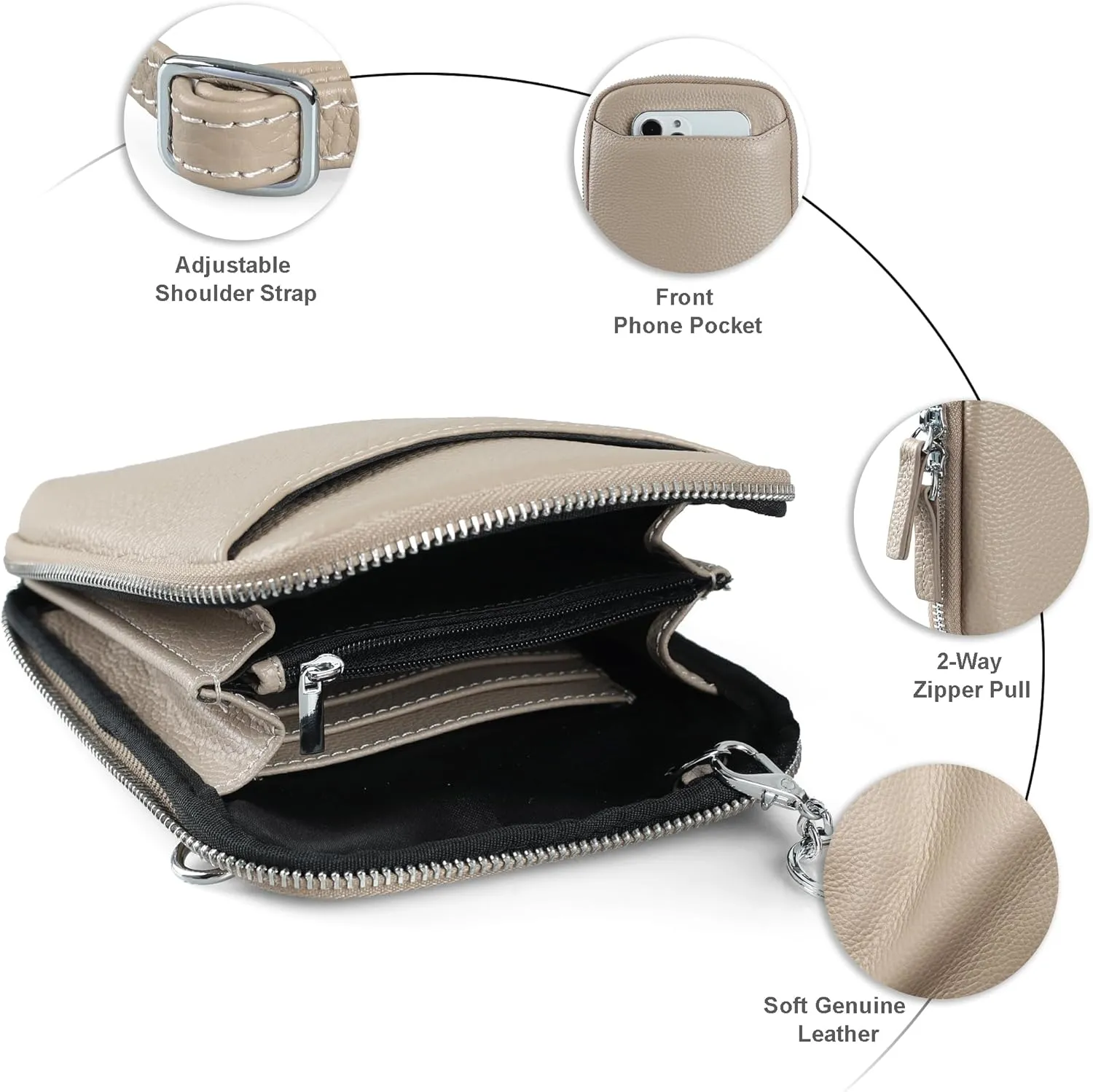 befen Genuine Leather Crossbody Cell Phone Purse for Women, Small Zip Around RFID Blocking Crossbody Wallet Bags