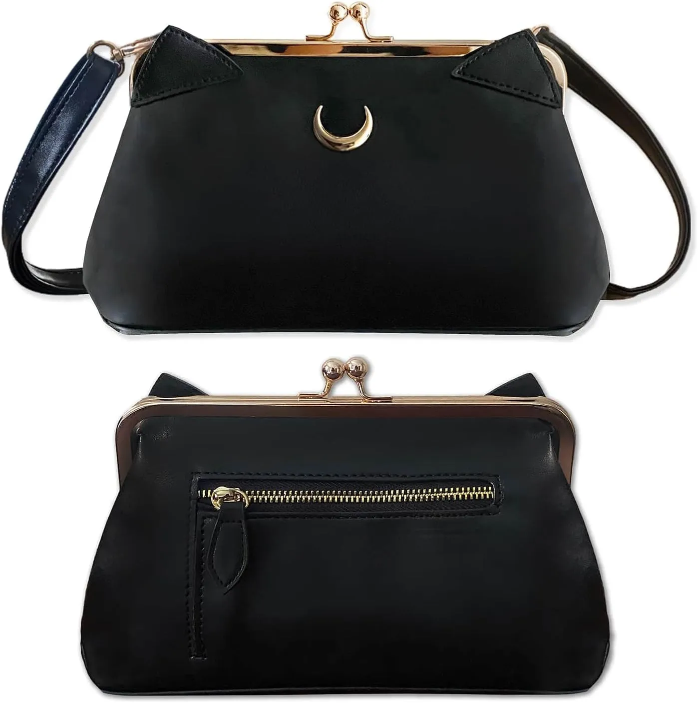 BelugaDesign Moon Cat Wallet | Crescent Ears Women Handbag Shoulder Bag | Cardcaptor Anime Faux Leather Bag | Cute Kawaii Black Crossbody Purse with Removable Strap | 12 Card Inserts 4 Pockets Clutch