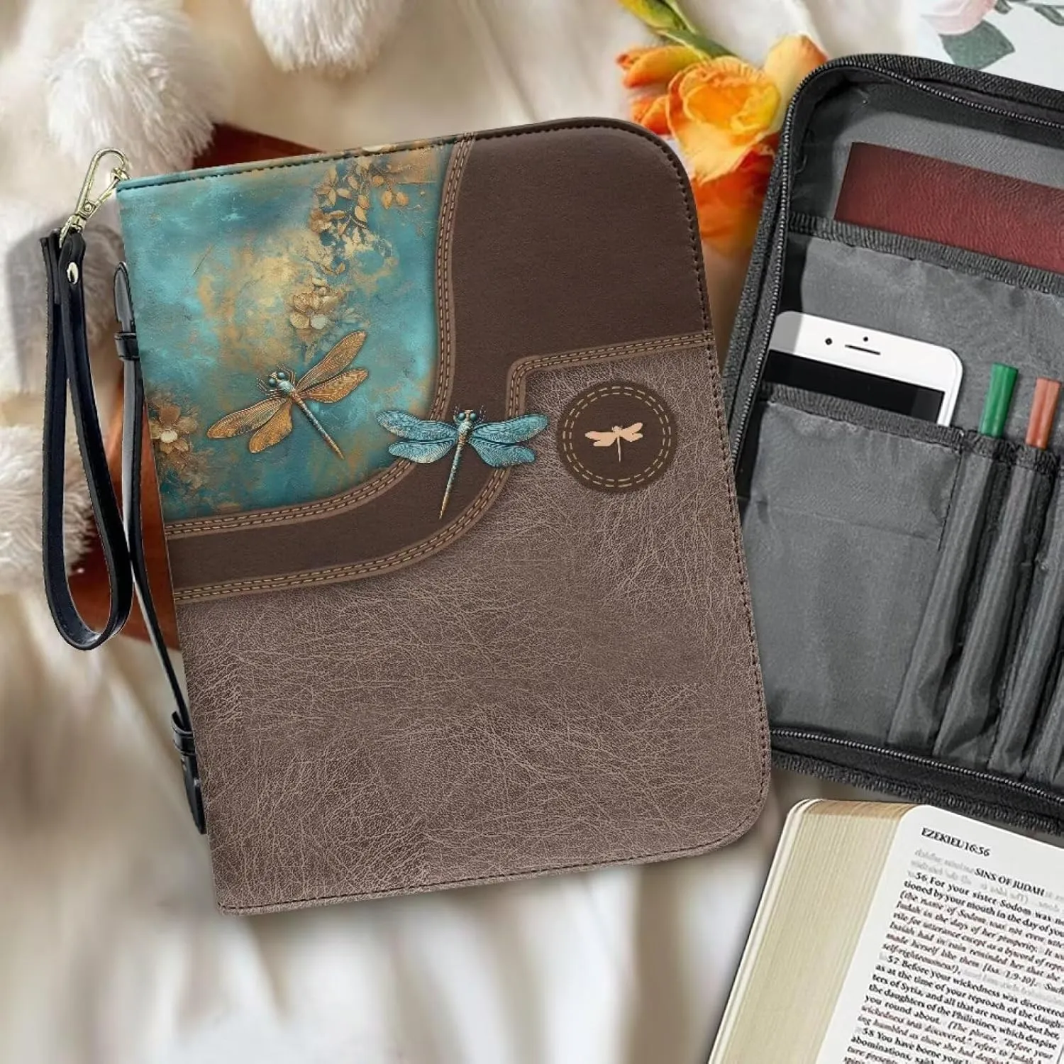 Bible Cover for Women Leather Bible Case with Black Ribbon Personalized Bible Study Supply Carrying Bag Tote