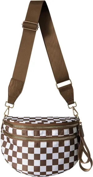 Black and White Checkered Crossbody Bum Bag, Spacious Design for Essentials Plus Size Friendly Strap 55"