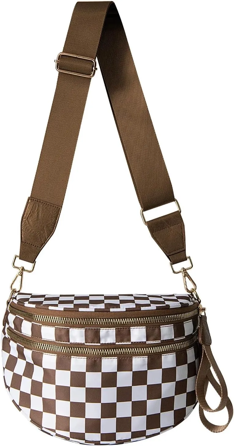 Black and White Checkered Crossbody Bum Bag, Spacious Design for Essentials Plus Size Friendly Strap 55"