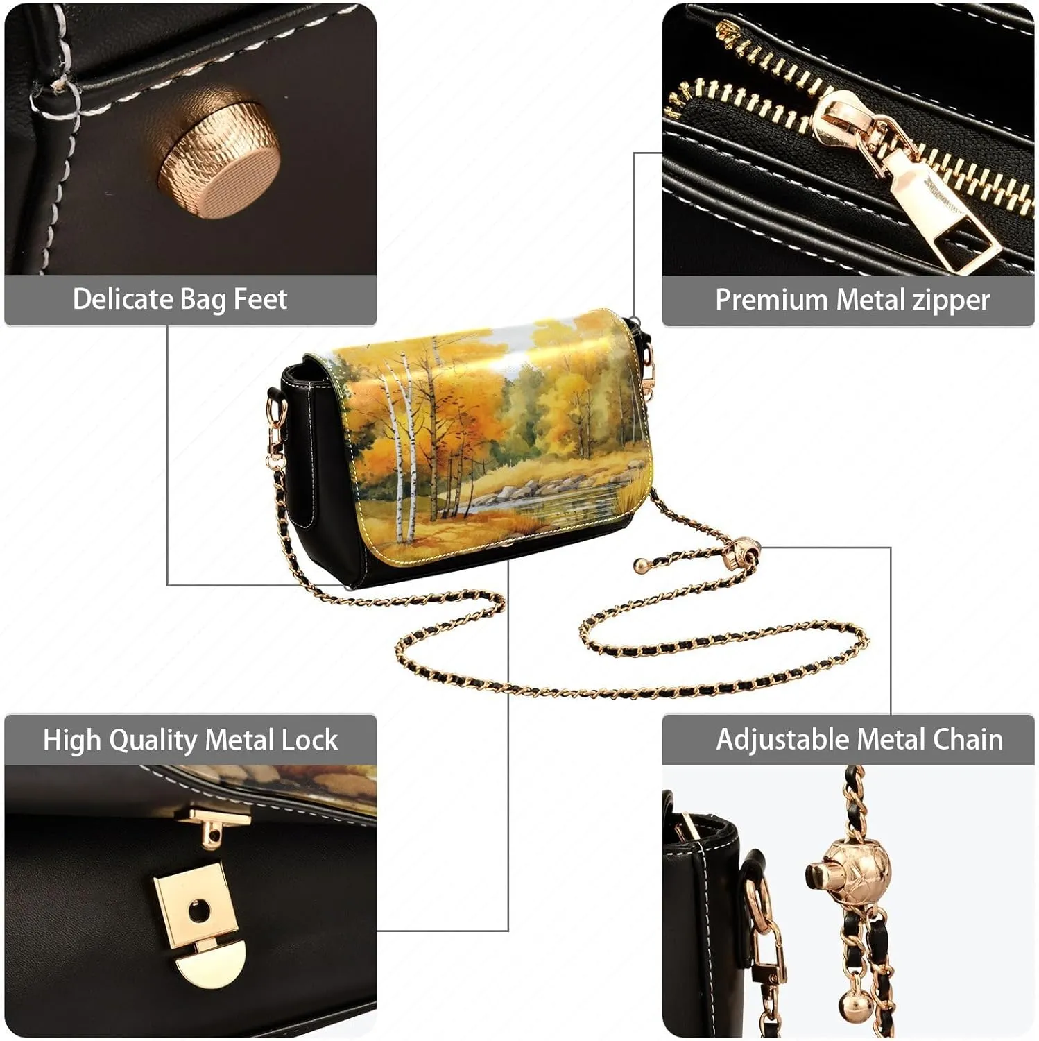 Black Apples on a White Pattern Leather Crossbody Bag, Leather Crossbody Purses for Women Trendy, Leather Ladies Bag