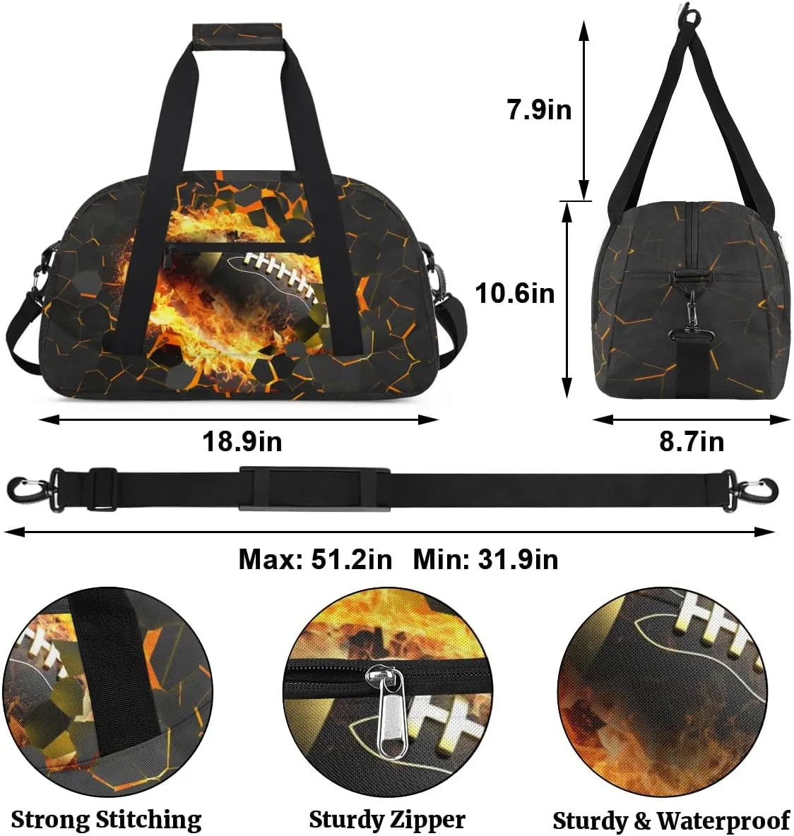 Black Gold Football Kids Overnighter Duffel Bags for Boys, Carry-On Size Sports Gym Bag with Front Zipper Pocket for School Practice or Overnight Travel Weekender Sleepover Tote Bag