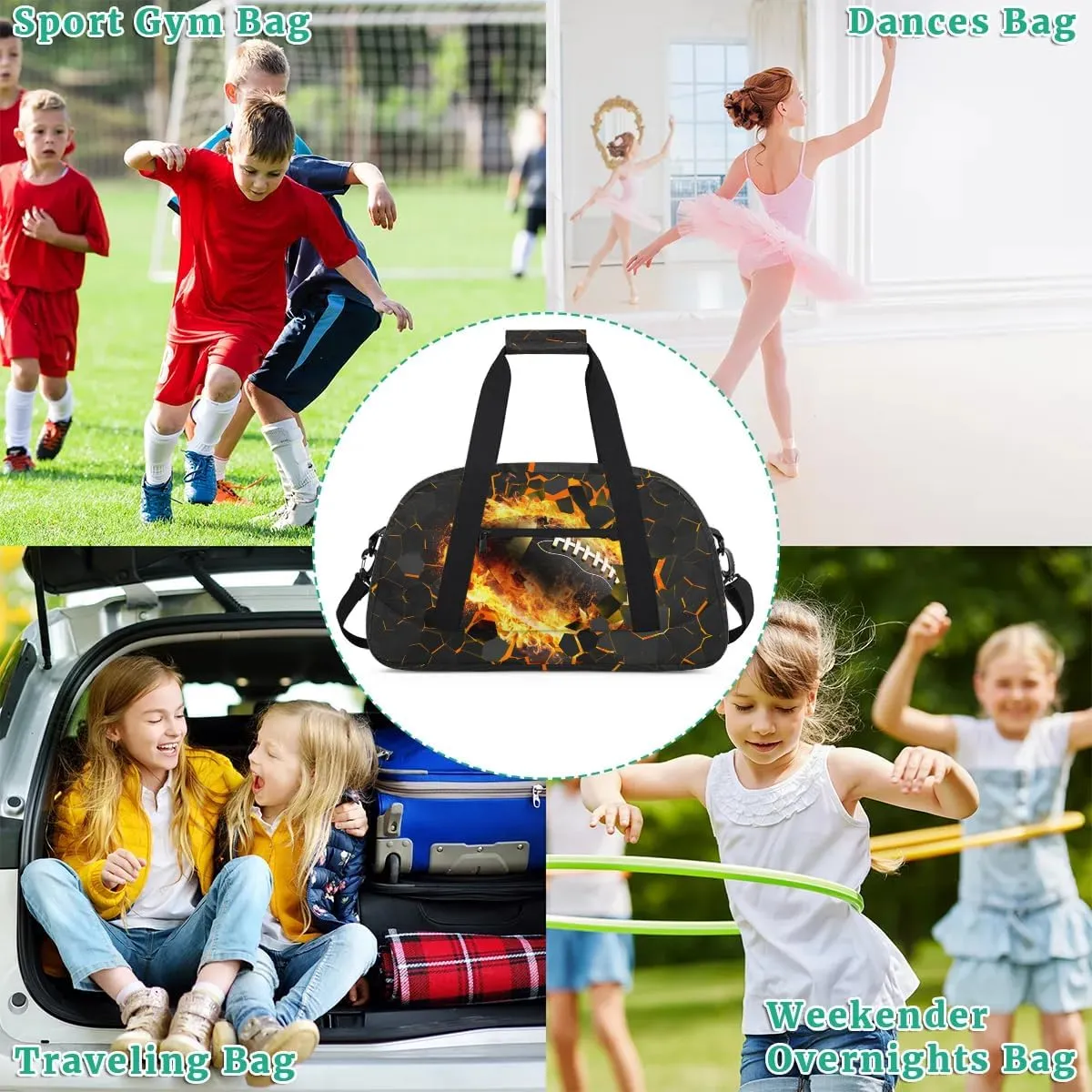 Black Gold Football Kids Overnighter Duffel Bags for Boys, Carry-On Size Sports Gym Bag with Front Zipper Pocket for School Practice or Overnight Travel Weekender Sleepover Tote Bag