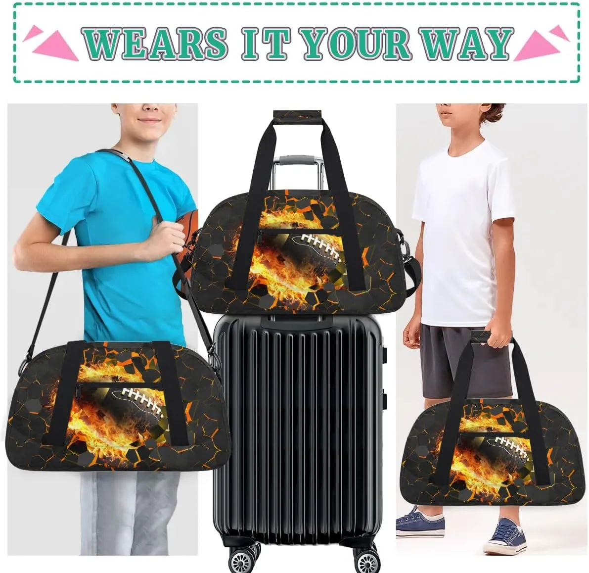 Black Gold Football Kids Overnighter Duffel Bags for Boys, Carry-On Size Sports Gym Bag with Front Zipper Pocket for School Practice or Overnight Travel Weekender Sleepover Tote Bag