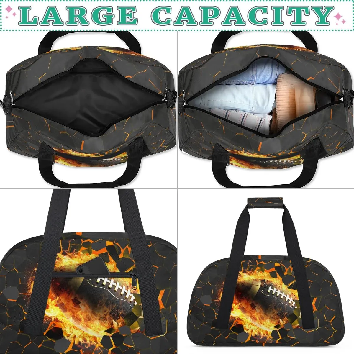 Black Gold Football Kids Overnighter Duffel Bags for Boys, Carry-On Size Sports Gym Bag with Front Zipper Pocket for School Practice or Overnight Travel Weekender Sleepover Tote Bag
