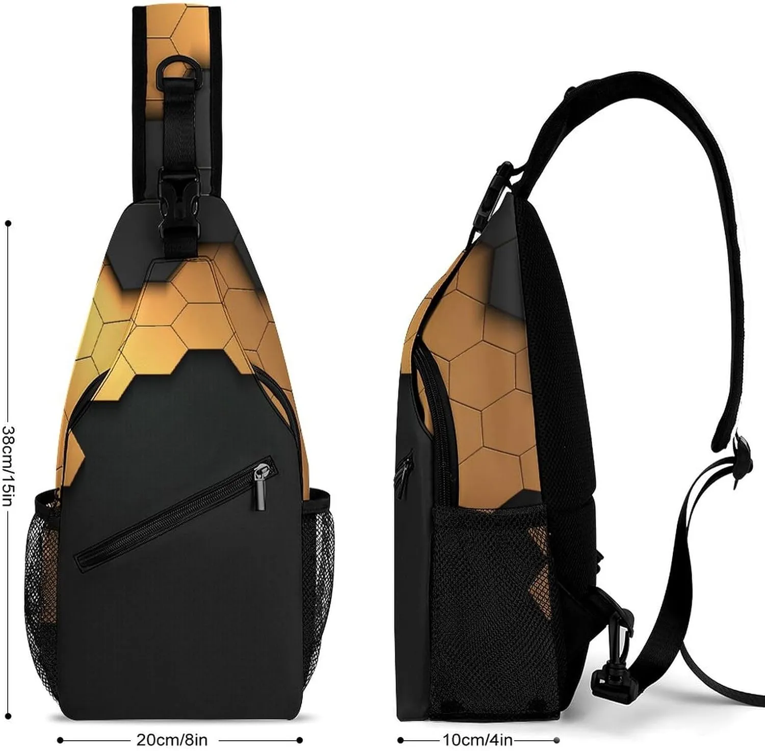 Black-gold-hexagonal-pattern Crossbody Sling Backpack, Shoulder Bag Chest Bag for Travel Sport Running
