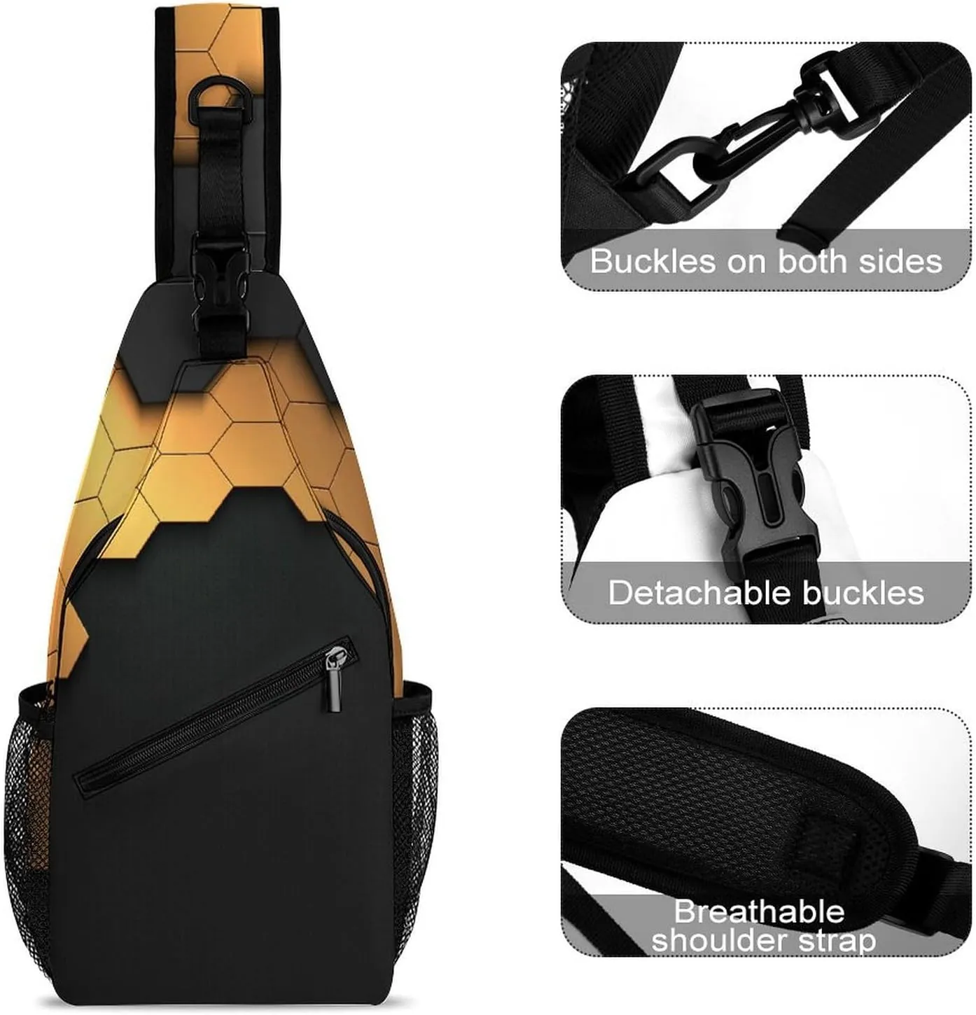 Black-gold-hexagonal-pattern Crossbody Sling Backpack, Shoulder Bag Chest Bag for Travel Sport Running
