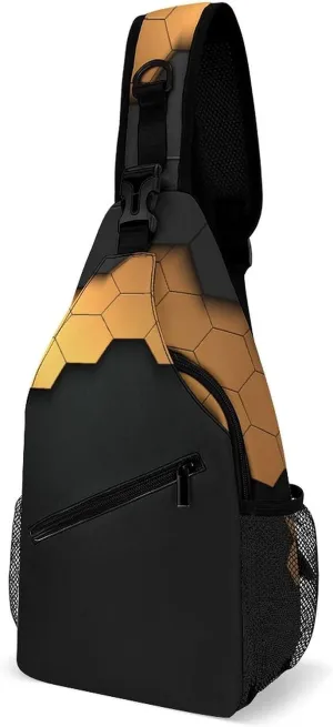 Black-gold-hexagonal-pattern Crossbody Sling Backpack, Shoulder Bag Chest Bag for Travel Sport Running
