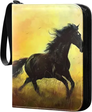 Black Horse Oil Painting Card Binder 4 Pocket Trading Card Binder Portable Cards Collection Book with Zipper