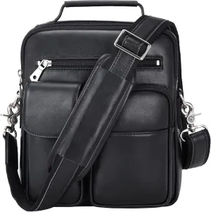 Black Leather Crossbody Bags for Men Small Messenger Shoulder Bag Cross Body Side Bag Fits 10 Inch Tablet
