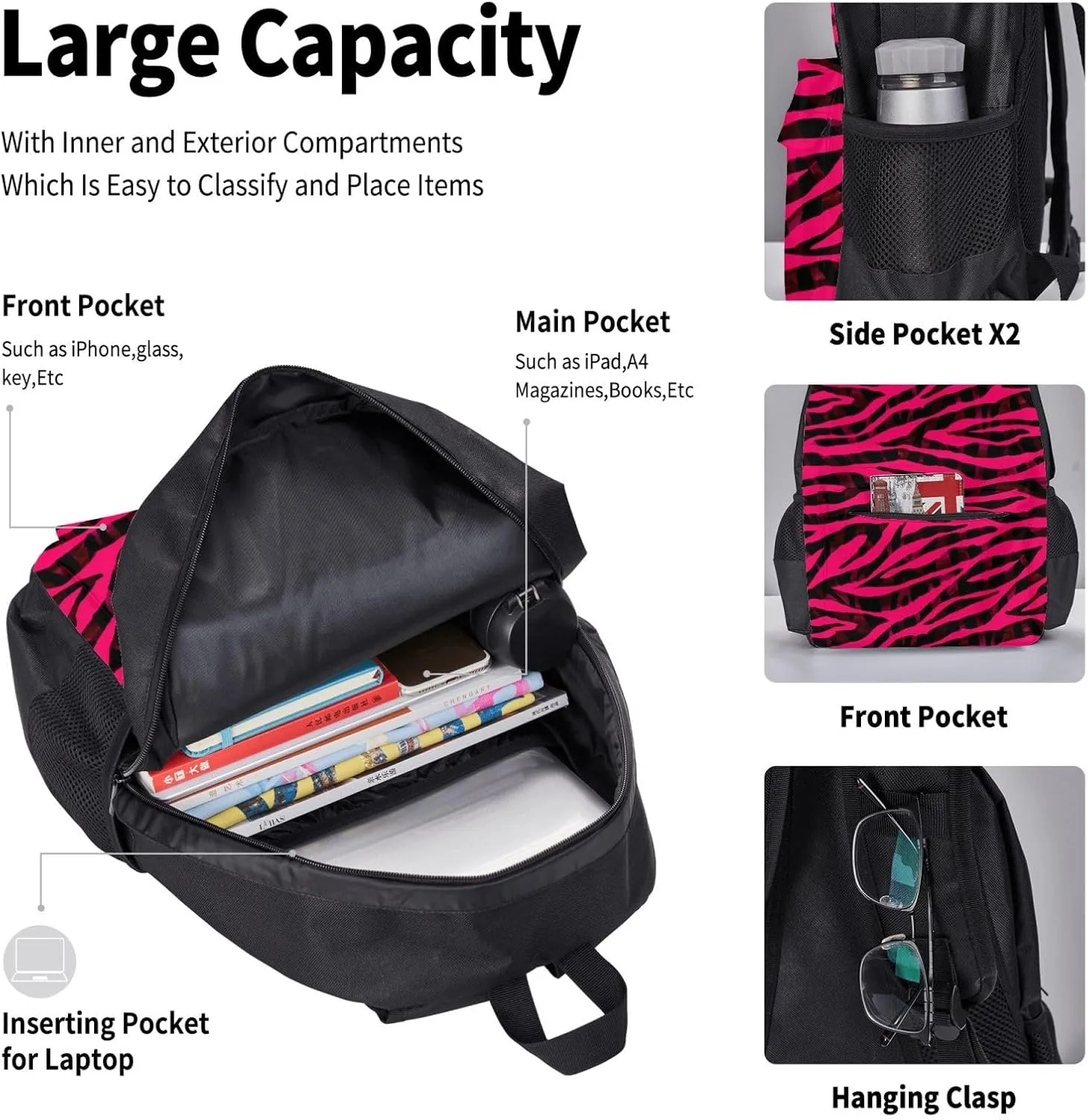 Black Red Pink Bright Zebra Print Multifunctional Pocket Backpack Crossbody Lunch Bag Pencil Case 3Pcs Set Large Capacity Backpack