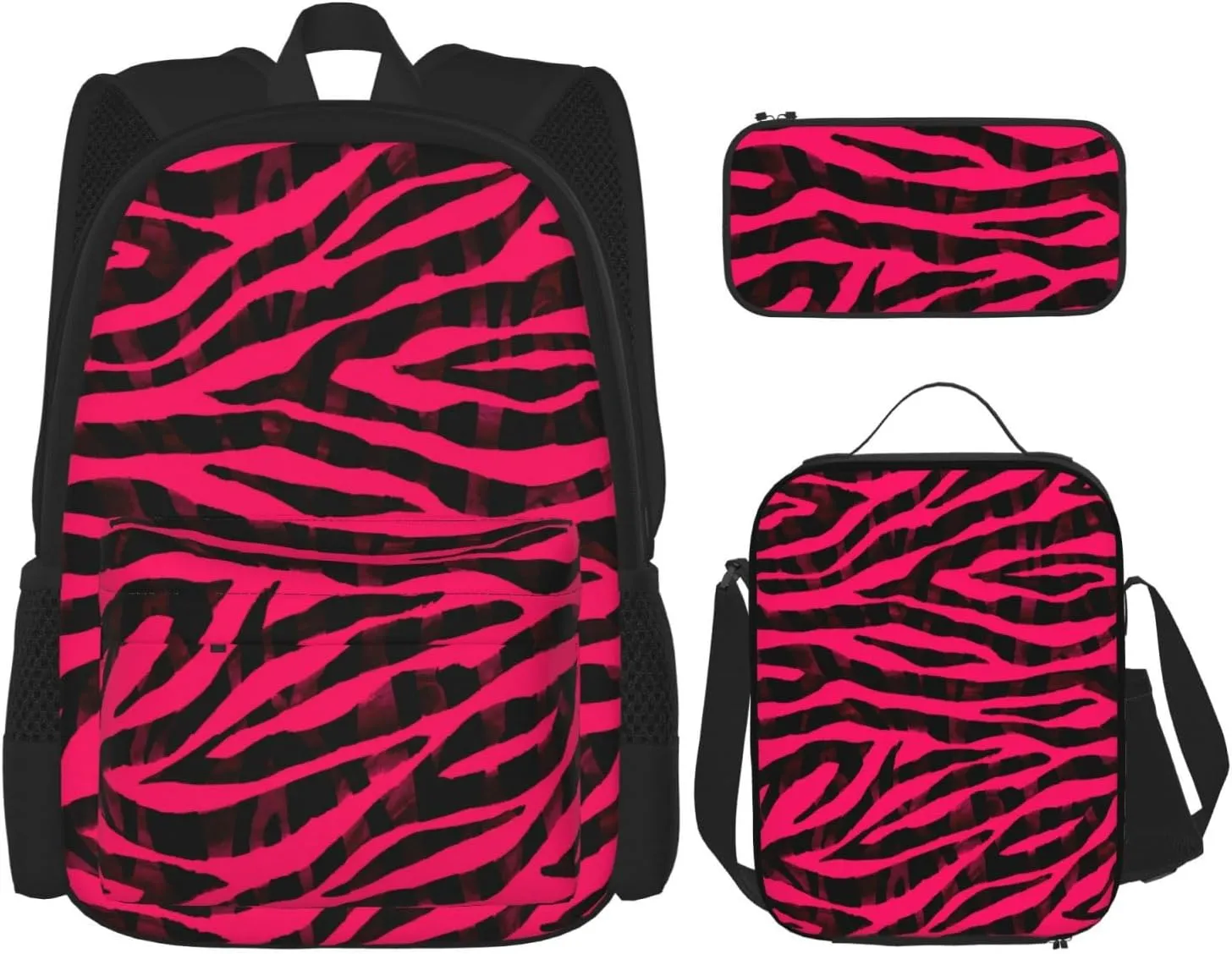 Black Red Pink Bright Zebra Print Multifunctional Pocket Backpack Crossbody Lunch Bag Pencil Case 3Pcs Set Large Capacity Backpack