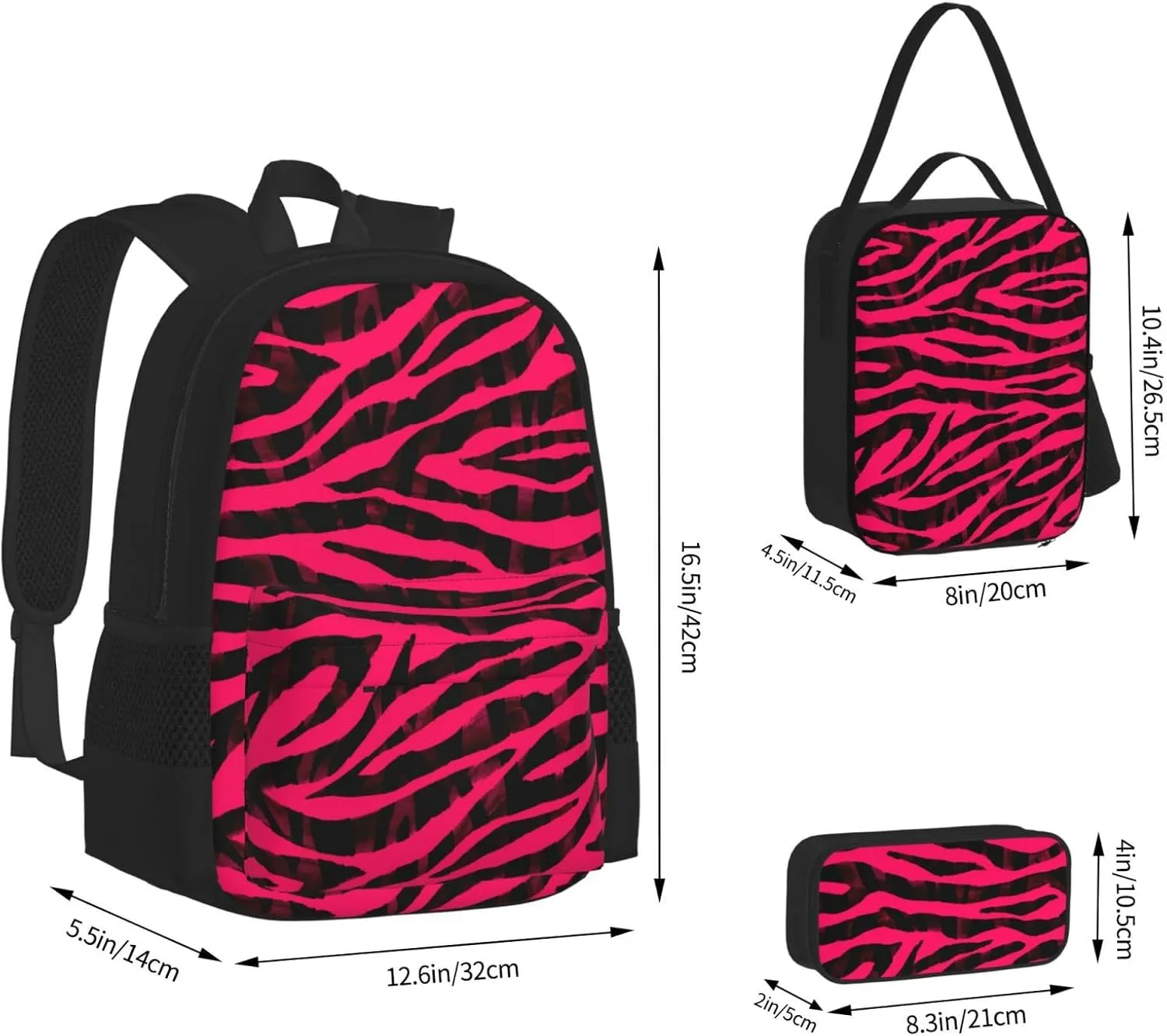 Black Red Pink Bright Zebra Print Multifunctional Pocket Backpack Crossbody Lunch Bag Pencil Case 3Pcs Set Large Capacity Backpack