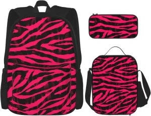Black Red Pink Bright Zebra Print Multifunctional Pocket Backpack Crossbody Lunch Bag Pencil Case 3Pcs Set Large Capacity Backpack