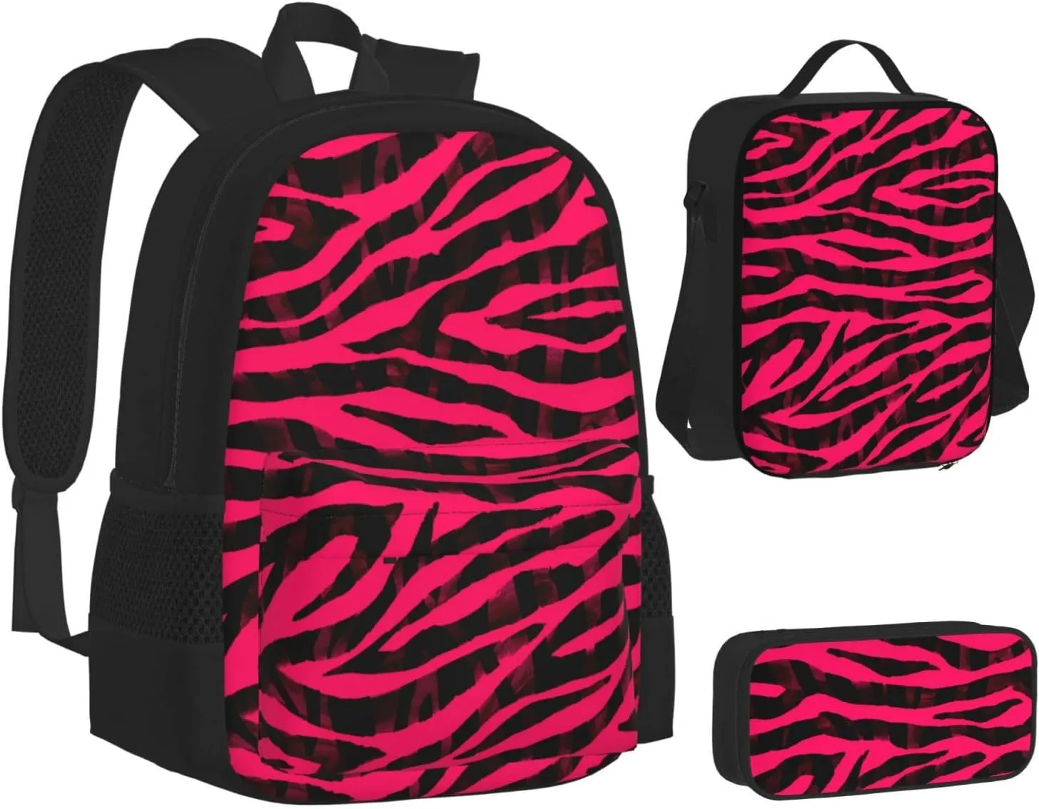 Black Red Pink Bright Zebra Print Multifunctional Pocket Backpack Crossbody Lunch Bag Pencil Case 3Pcs Set Large Capacity Backpack
