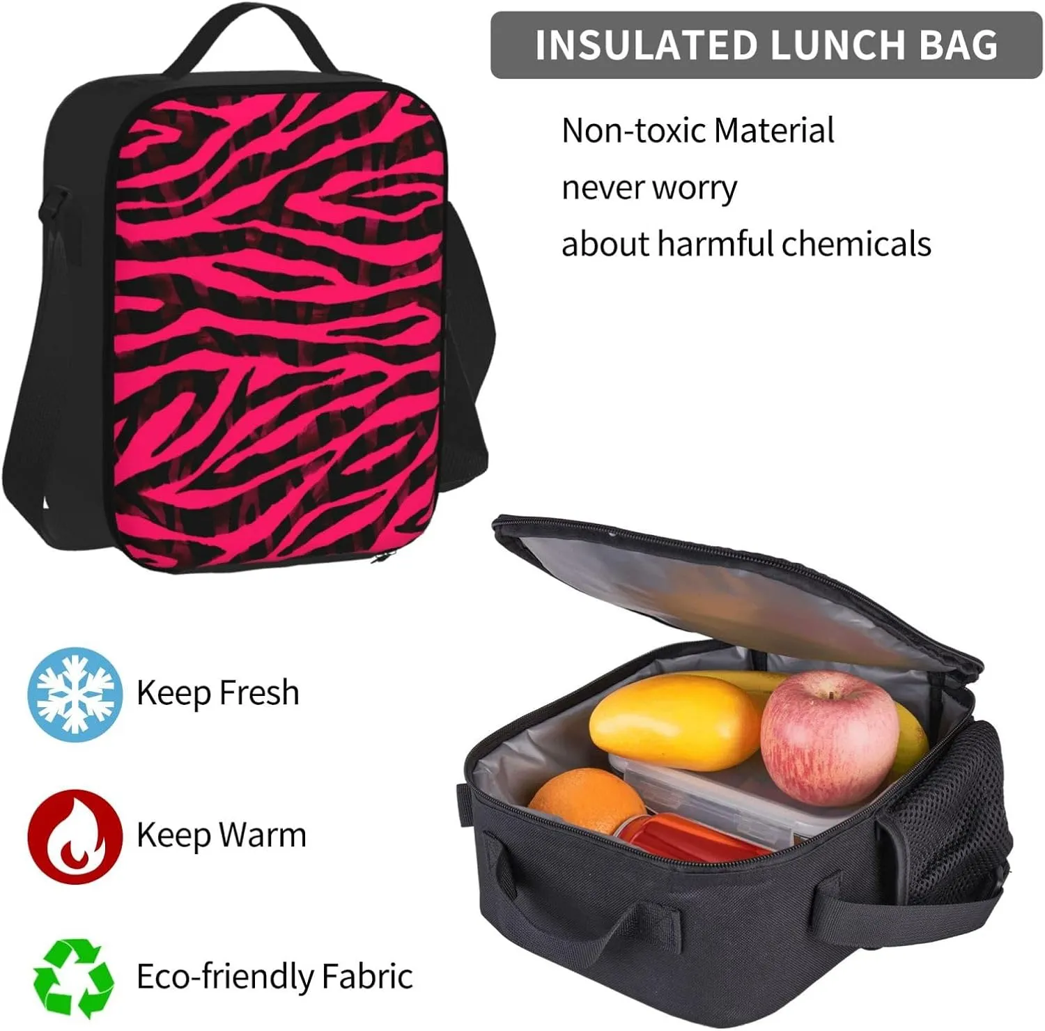 Black Red Pink Bright Zebra Print Multifunctional Pocket Backpack Crossbody Lunch Bag Pencil Case 3Pcs Set Large Capacity Backpack