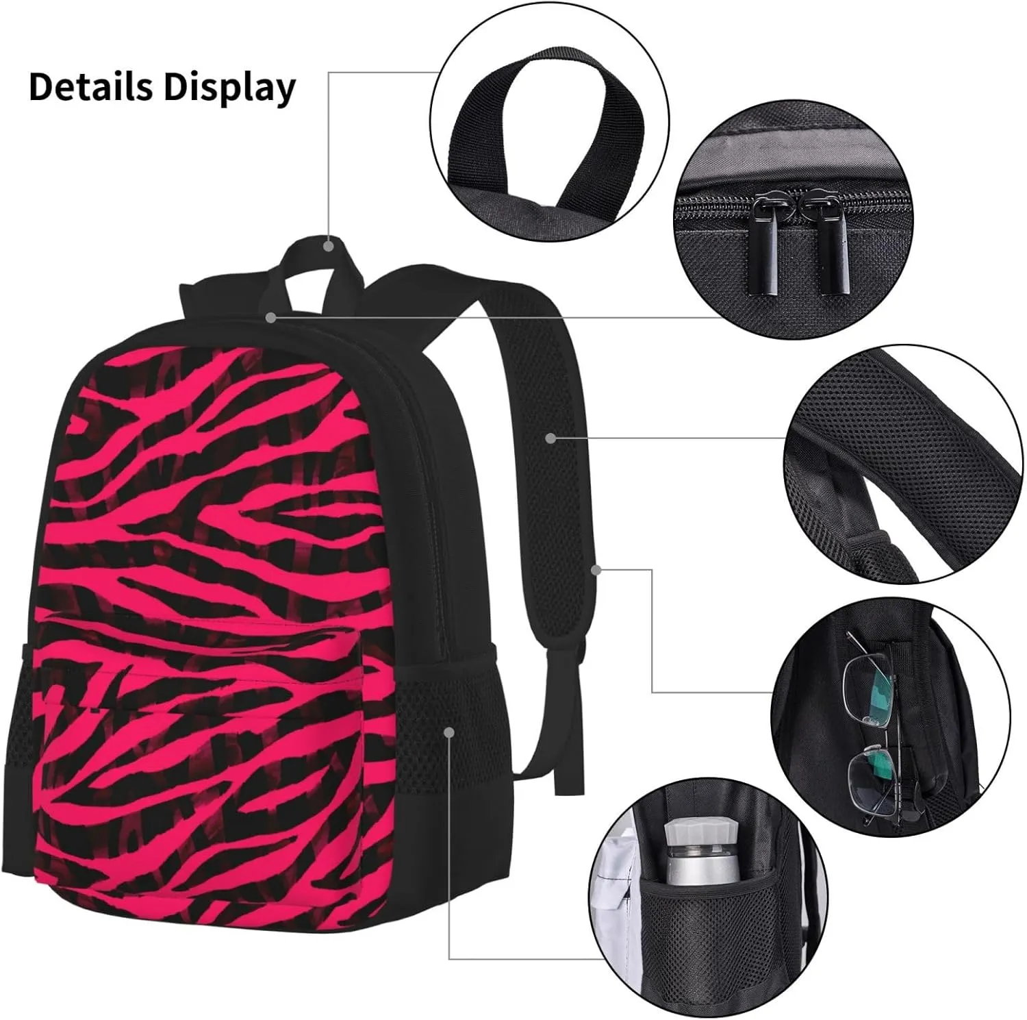 Black Red Pink Bright Zebra Print Multifunctional Pocket Backpack Crossbody Lunch Bag Pencil Case 3Pcs Set Large Capacity Backpack