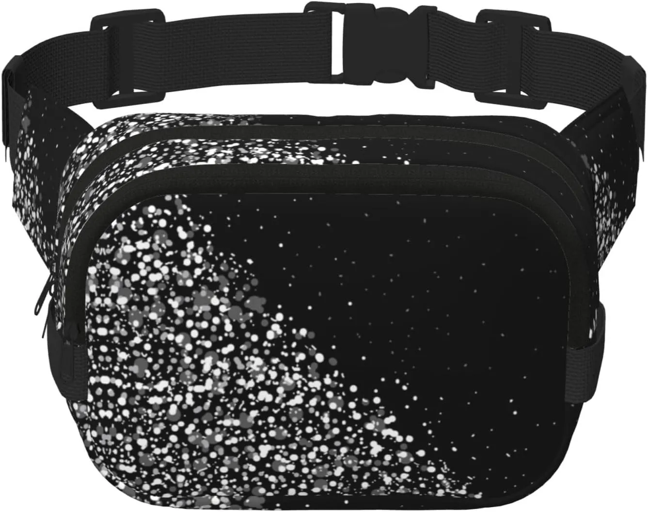 Black White Glitter Print Unisex Square Double Layer Waist Bag Crossbody Fanny Pack Travel Workout Accessory