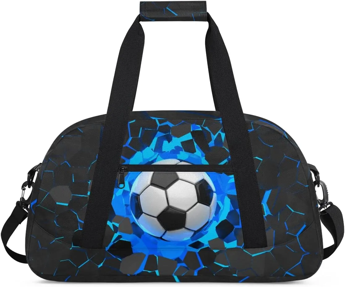 Blue 3D Soccer Kids Overnighter Duffel Bags for Boys, Carry-On Size Sports Gym Bag with Front Zipper Pocket for School Practice or Overnight Travel Weekender Sleepover Tote Bag