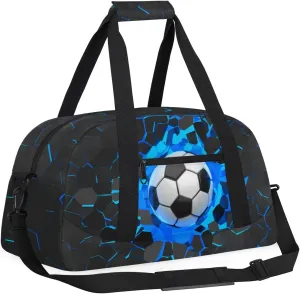 Blue 3D Soccer Kids Overnighter Duffel Bags for Boys, Carry-On Size Sports Gym Bag with Front Zipper Pocket for School Practice or Overnight Travel Weekender Sleepover Tote Bag