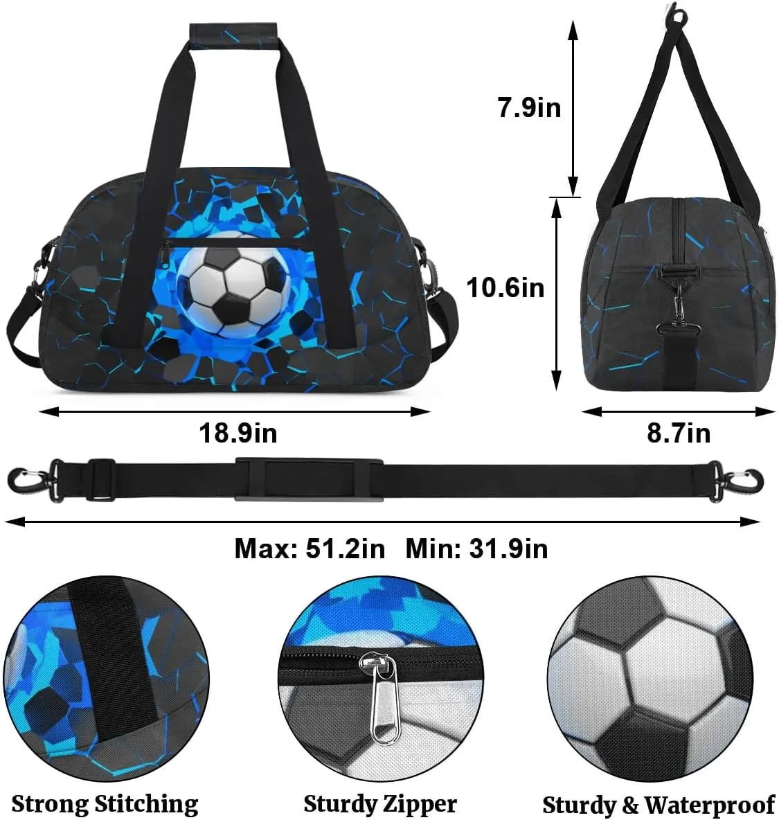 Blue 3D Soccer Kids Overnighter Duffel Bags for Boys, Carry-On Size Sports Gym Bag with Front Zipper Pocket for School Practice or Overnight Travel Weekender Sleepover Tote Bag
