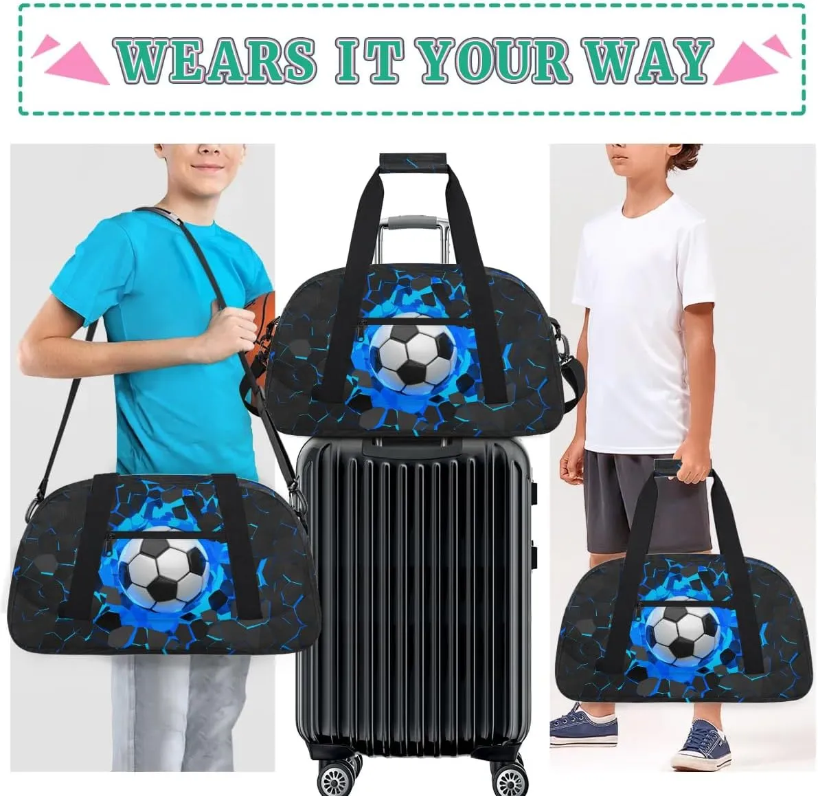 Blue 3D Soccer Kids Overnighter Duffel Bags for Boys, Carry-On Size Sports Gym Bag with Front Zipper Pocket for School Practice or Overnight Travel Weekender Sleepover Tote Bag