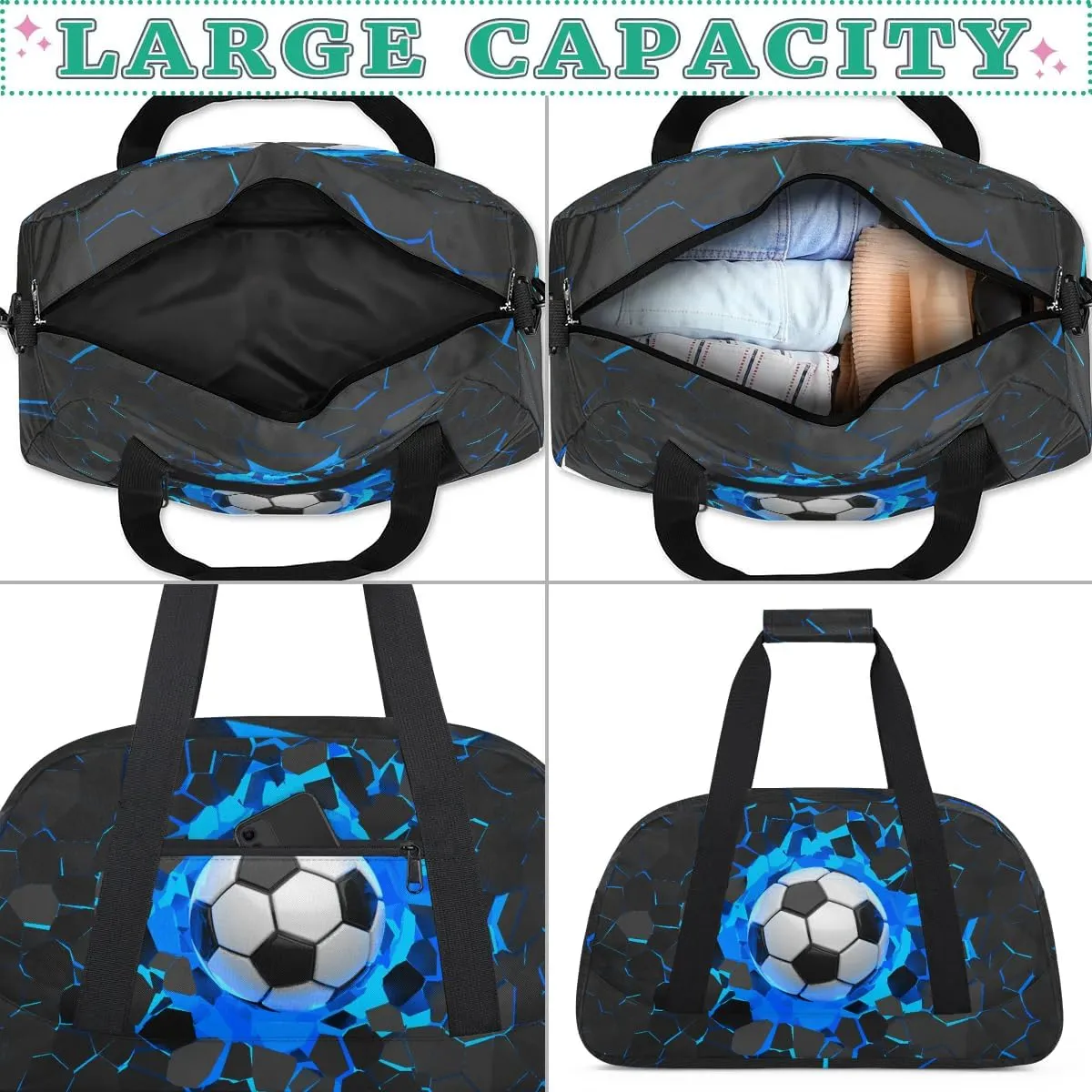 Blue 3D Soccer Kids Overnighter Duffel Bags for Boys, Carry-On Size Sports Gym Bag with Front Zipper Pocket for School Practice or Overnight Travel Weekender Sleepover Tote Bag