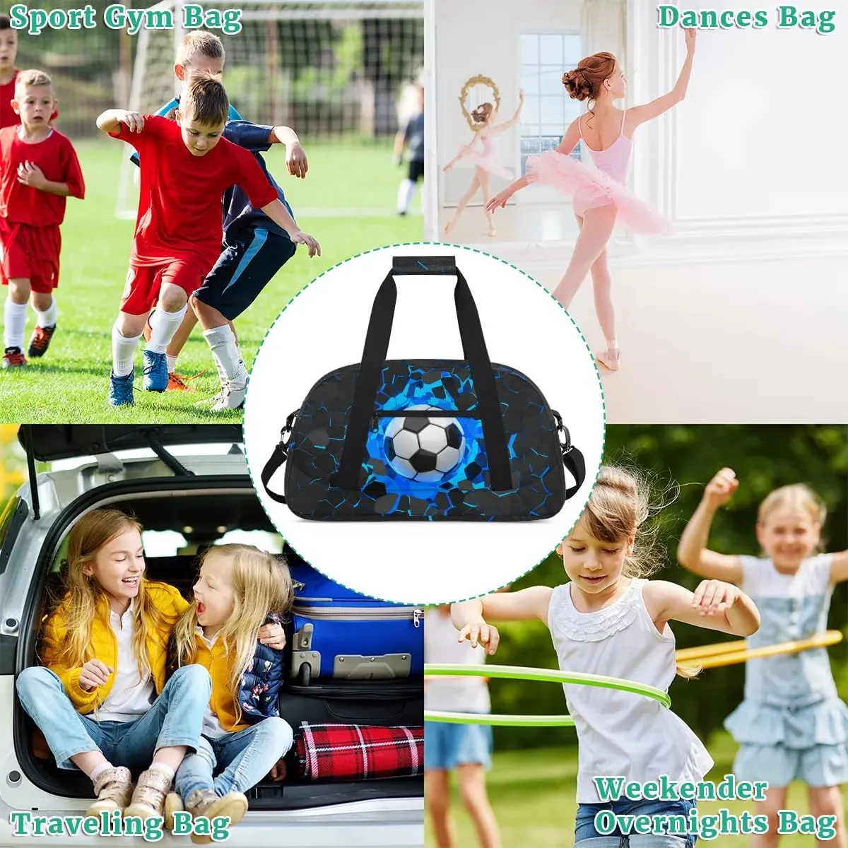 Blue 3D Soccer Kids Overnighter Duffel Bags for Boys, Carry-On Size Sports Gym Bag with Front Zipper Pocket for School Practice or Overnight Travel Weekender Sleepover Tote Bag