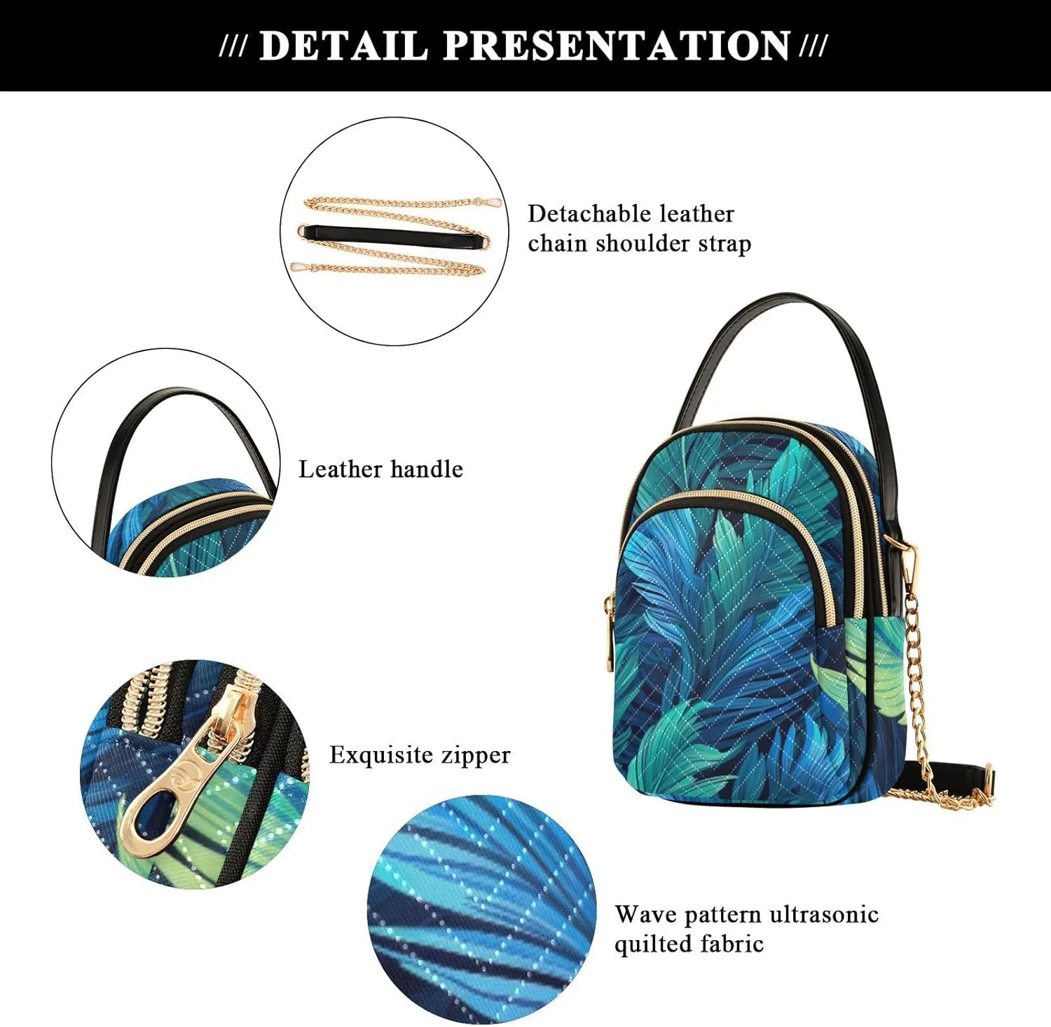 Blue and Green Tropical Leaf Ladies Shoulder Handbags, Purse with Long Shoulder Strap, Summer Crossbody Purse
