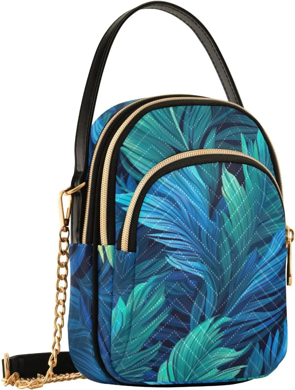 Blue and Green Tropical Leaf Ladies Shoulder Handbags, Purse with Long Shoulder Strap, Summer Crossbody Purse