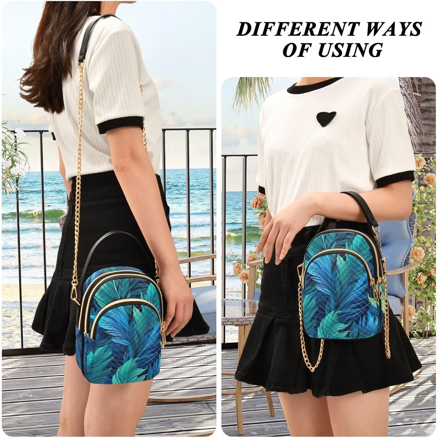 Blue and Green Tropical Leaf Ladies Shoulder Handbags, Purse with Long Shoulder Strap, Summer Crossbody Purse