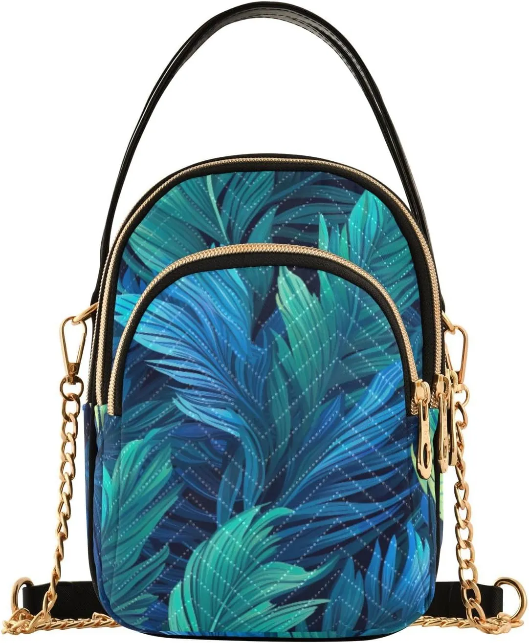 Blue and Green Tropical Leaf Ladies Shoulder Handbags, Purse with Long Shoulder Strap, Summer Crossbody Purse