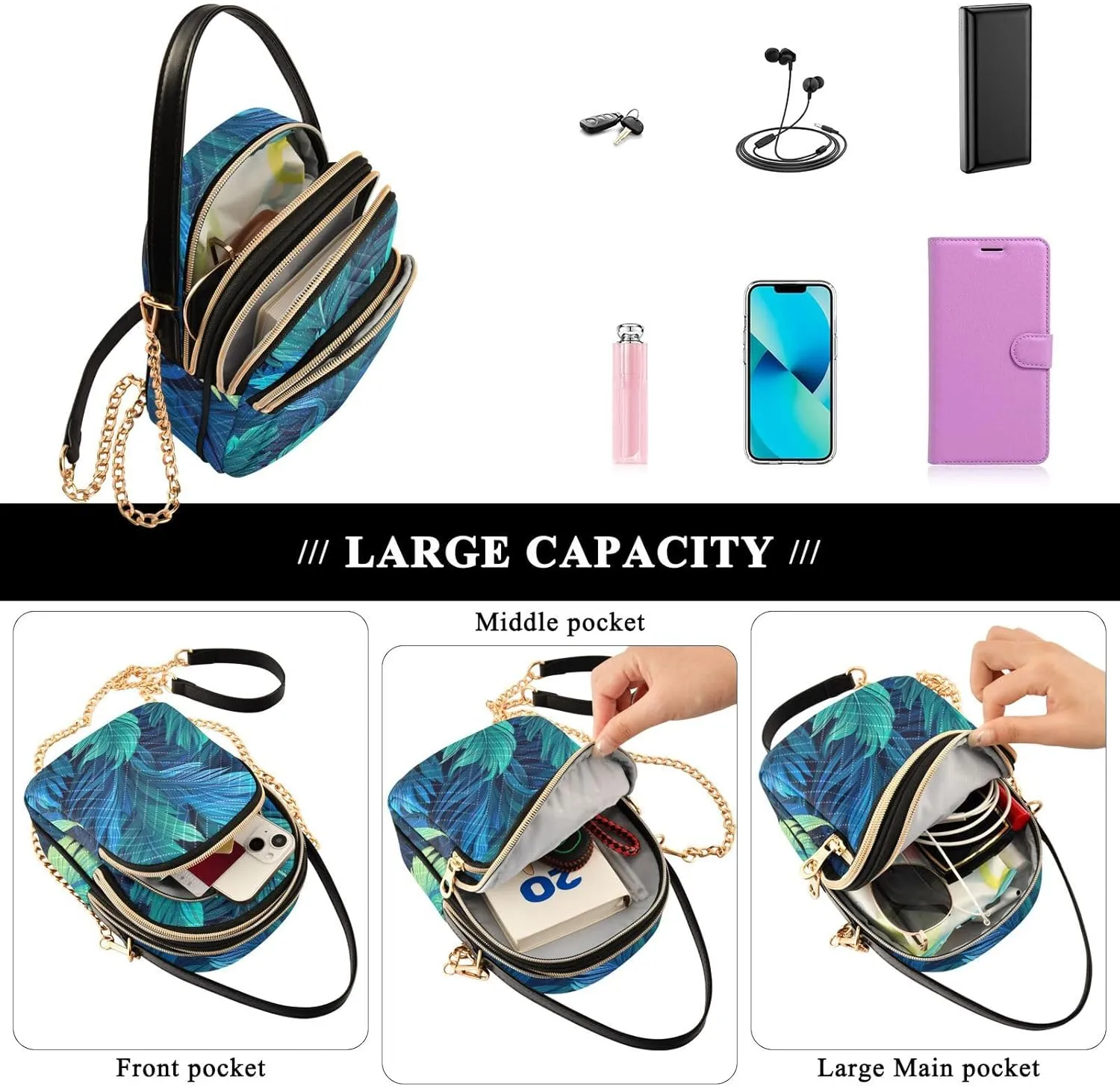Blue and Green Tropical Leaf Ladies Shoulder Handbags, Purse with Long Shoulder Strap, Summer Crossbody Purse