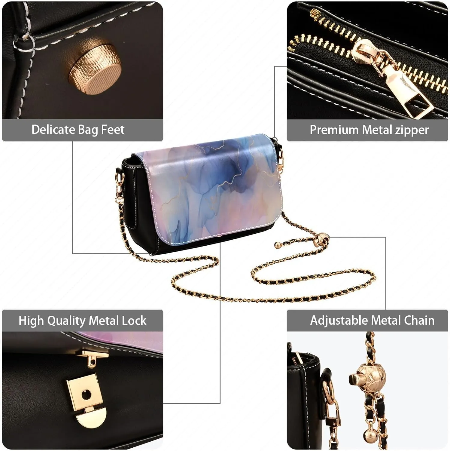 Blue and Pink Watercolor Women's Shoulder Bag, Womens Crossbody Bag Leather, Cross Body Leather Bags for Women