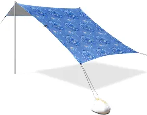 Blue Carnation Flowers Foldable Beach Canopy UPF50 Waterproof Large Portable Sun Shelter with Sandbags and Shovel for Camping, Picnics, Backyard & Fishing