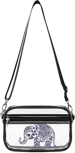 Blue Floral Elephant Illustration Fashion Clear Crossbody Bags Stadium Approved Shoulder Purse for Concerts Sports Events Festival