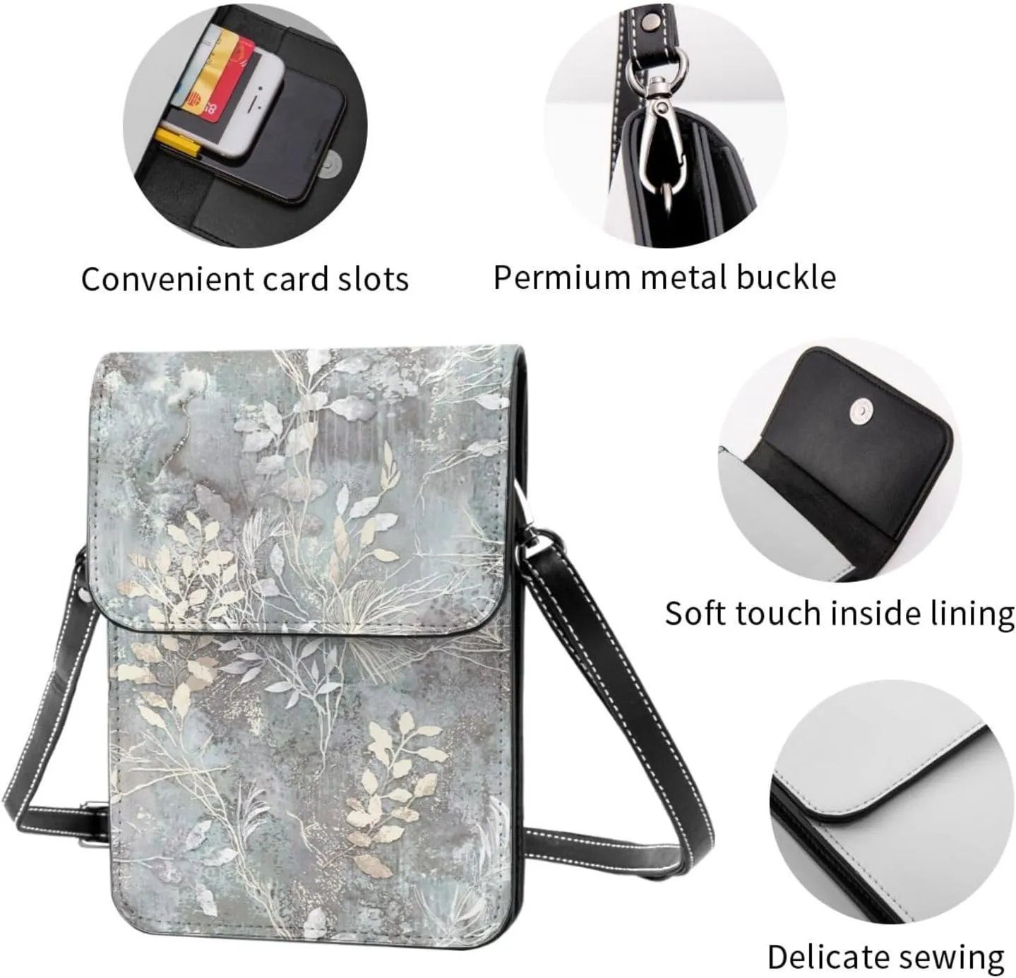Blue Grace Flora Print Small Crossbody Bags Women Card Slots Shoulder Bag Purse Leather Flip Phone Wallet
