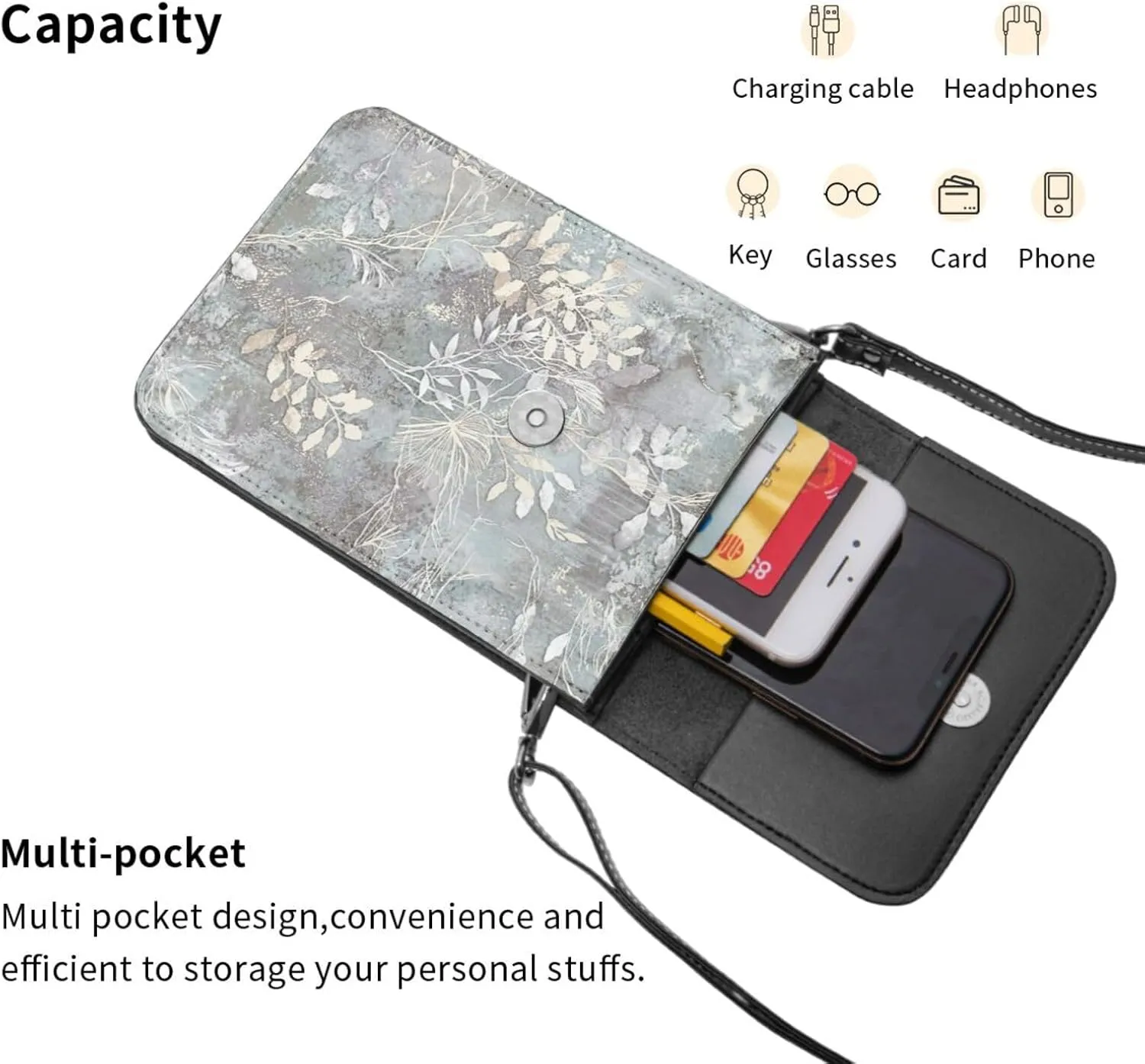Blue Grace Flora Print Small Crossbody Bags Women Card Slots Shoulder Bag Purse Leather Flip Phone Wallet