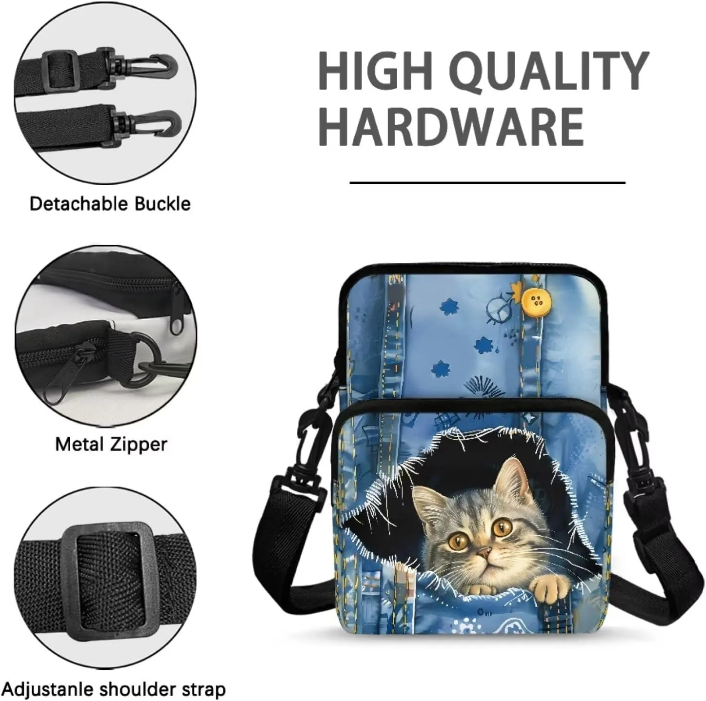 Blue Jeans Pocket Cat Art Design Women's Crossbody Bag, Small Messenger Shoulder Storage Bag Handbags Key Credit Card Wallet Holder for Toddler Kid Girl Boy