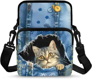 Blue Jeans Pocket Cat Art Design Women's Crossbody Bag, Small Messenger Shoulder Storage Bag Handbags Key Credit Card Wallet Holder for Toddler Kid Girl Boy