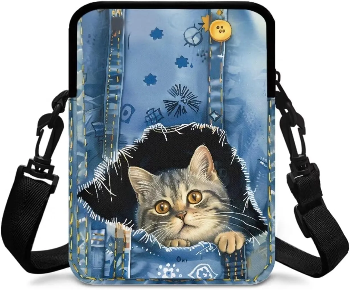 Blue Jeans Pocket Cat Art Design Women's Crossbody Bag, Small Messenger Shoulder Storage Bag Handbags Key Credit Card Wallet Holder for Toddler Kid Girl Boy