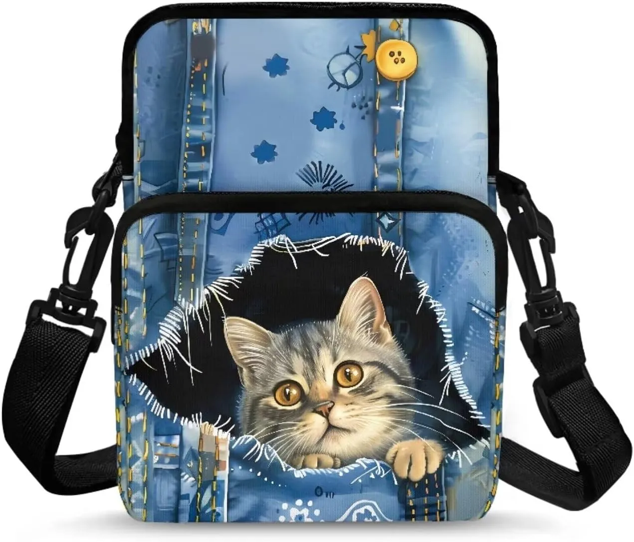 Blue Jeans Pocket Cat Art Design Women's Crossbody Bag, Small Messenger Shoulder Storage Bag Handbags Key Credit Card Wallet Holder for Toddler Kid Girl Boy