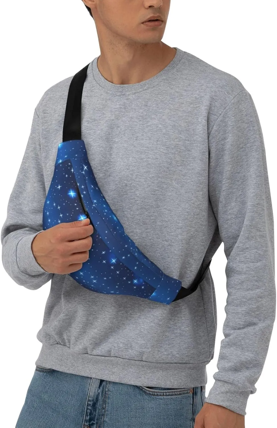 Blue Star Print Large Crossbody Fanny Pack, Cute Waterproof Waist Pack Belt Bag For Men, Women, Stylish Running Accessory