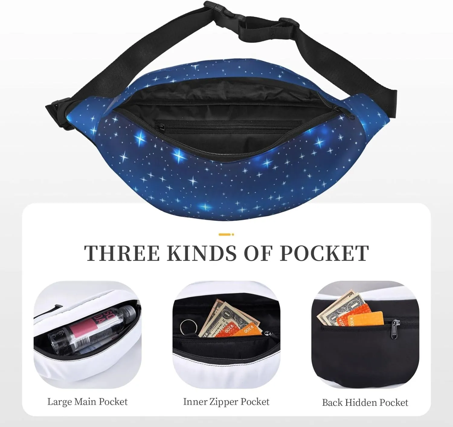 Blue Star Print Large Crossbody Fanny Pack, Cute Waterproof Waist Pack Belt Bag For Men, Women, Stylish Running Accessory