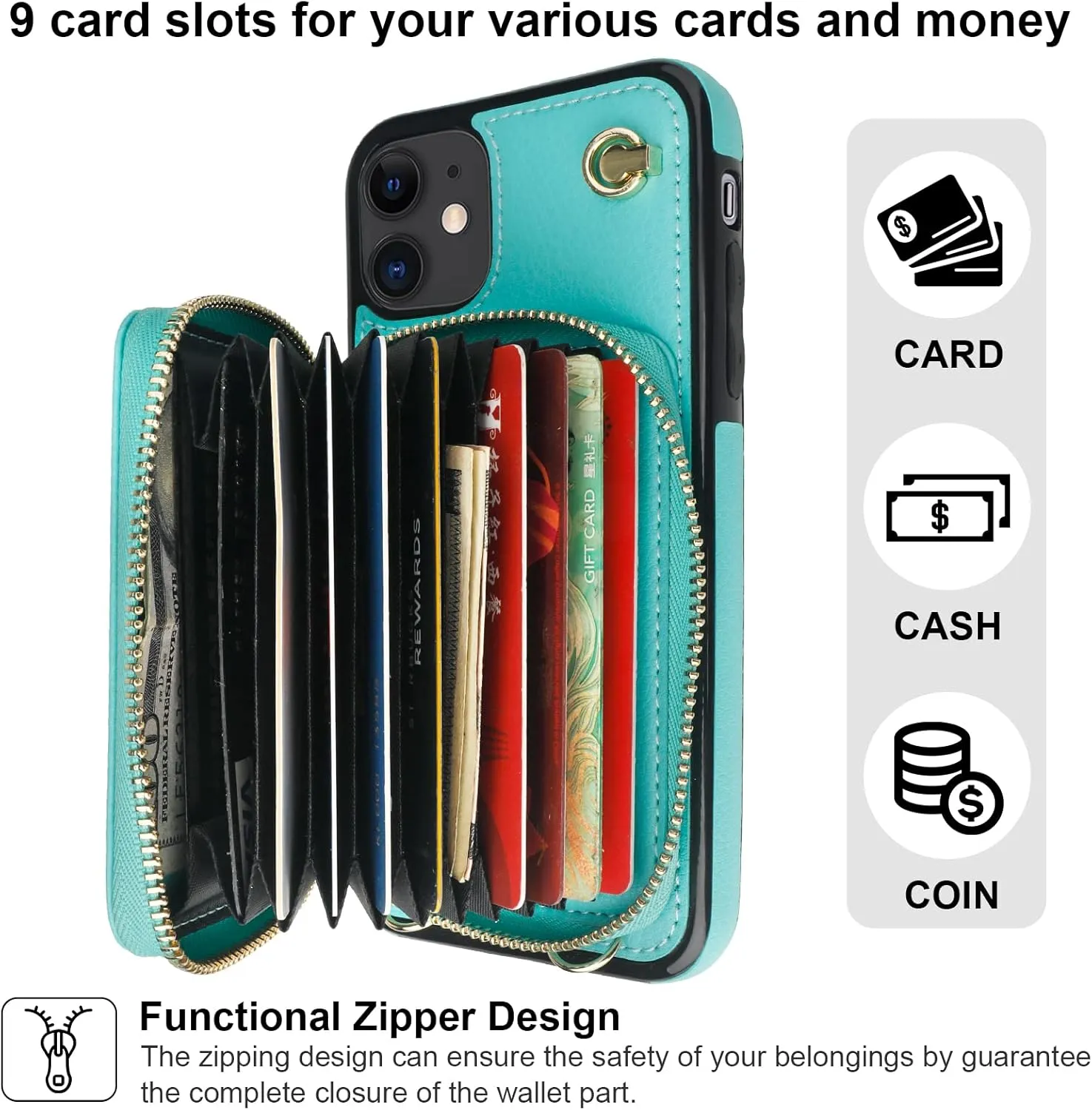 Bocasal Crossbody Wallet Case for iPhone 11, RFID Blocking Leather Purse Case with Card Holder, Protective Handbag Flip Cover with Zipper Wrist Strap Lanyard for Women 6.1 Inch (Mint Green)