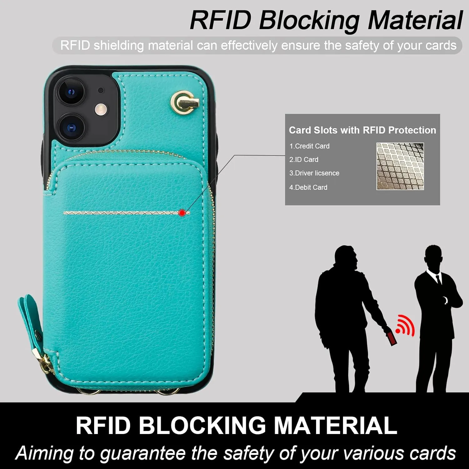 Bocasal Crossbody Wallet Case for iPhone 11, RFID Blocking Leather Purse Case with Card Holder, Protective Handbag Flip Cover with Zipper Wrist Strap Lanyard for Women 6.1 Inch (Mint Green)