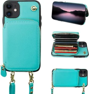 Bocasal Crossbody Wallet Case for iPhone 11, RFID Blocking Leather Purse Case with Card Holder, Protective Handbag Flip Cover with Zipper Wrist Strap Lanyard for Women 6.1 Inch (Mint Green)
