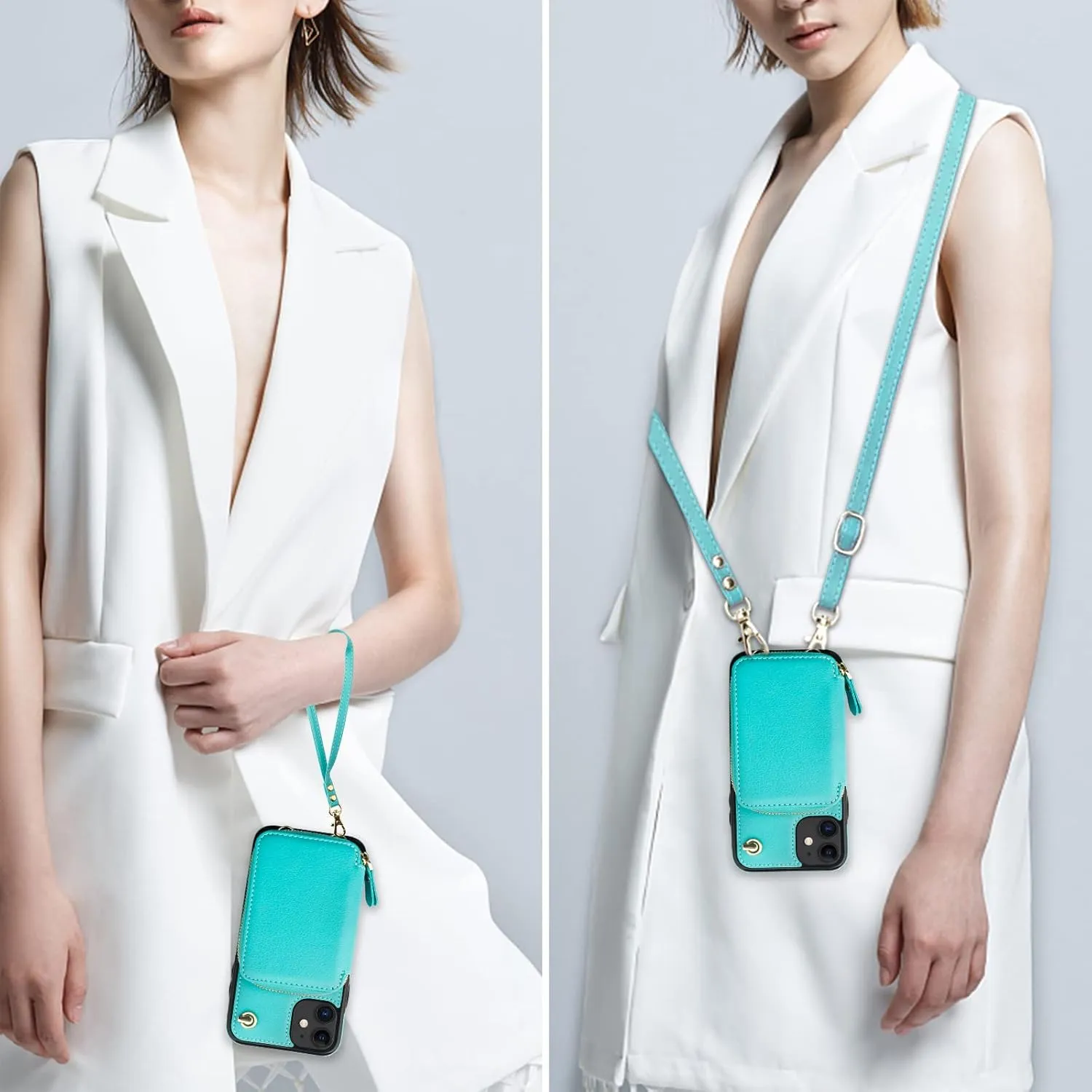 Bocasal Crossbody Wallet Case for iPhone 11, RFID Blocking Leather Purse Case with Card Holder, Protective Handbag Flip Cover with Zipper Wrist Strap Lanyard for Women 6.1 Inch (Mint Green)