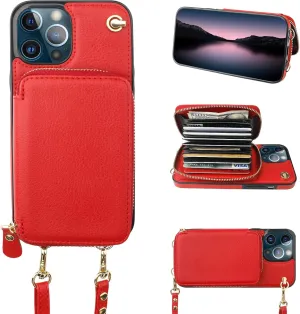 Bocasal Crossbody Wallet Case for iPhone 12 Pro Max, RFID Blocking Leather Purse Case with Card Holder, Protective Handbag Flip Cover with Zipper Wrist Strap Lanyard for Women 5G 6.7 Inch (Red)